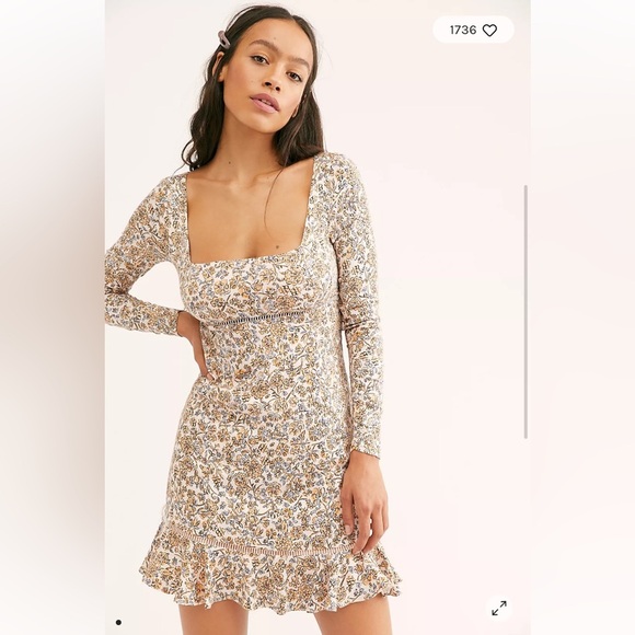 Free People Boheme Ivory Floral Mini Dress NWT Size 10 Long Sleeve - Picture 13 of 13